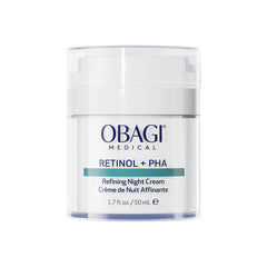 Obagi Medical Retinol and PHA Refining Night Cream bottle on vanity for overnight renewal