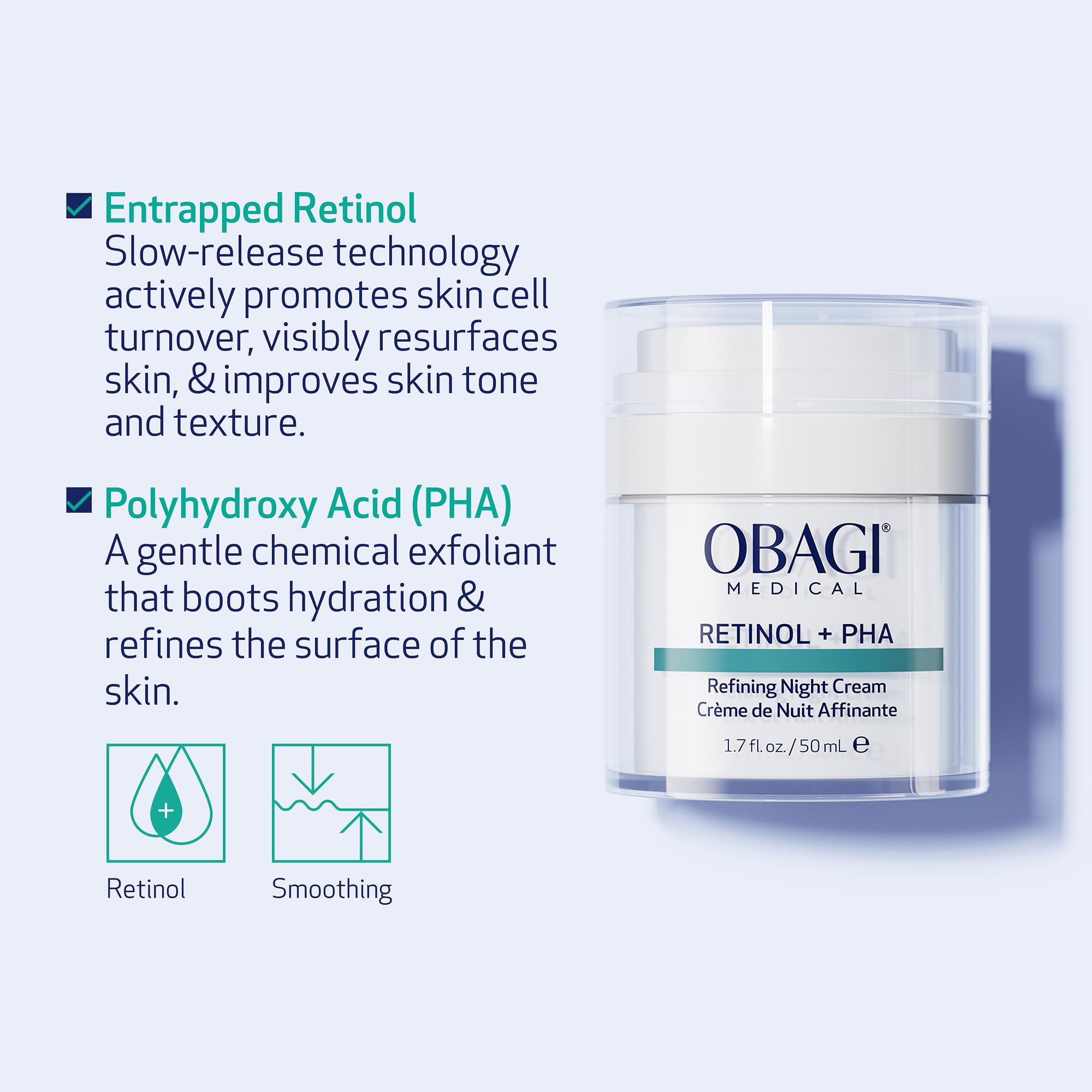 Obagi ingredient gloss highlights retinol and PHA benefits for refined skin texture