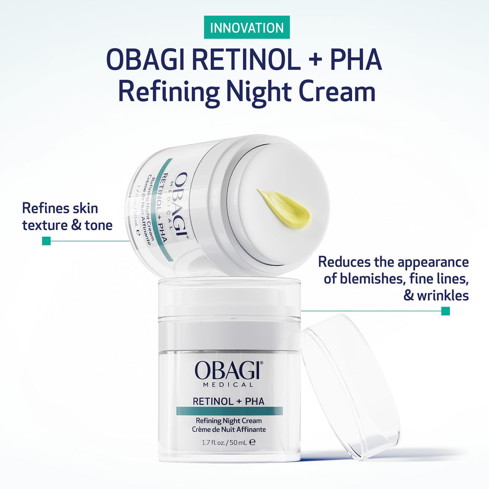 Obagi Medical Retinol and PHA Refining Night Cream jar closeup highlighting creamy texture for smoother skin