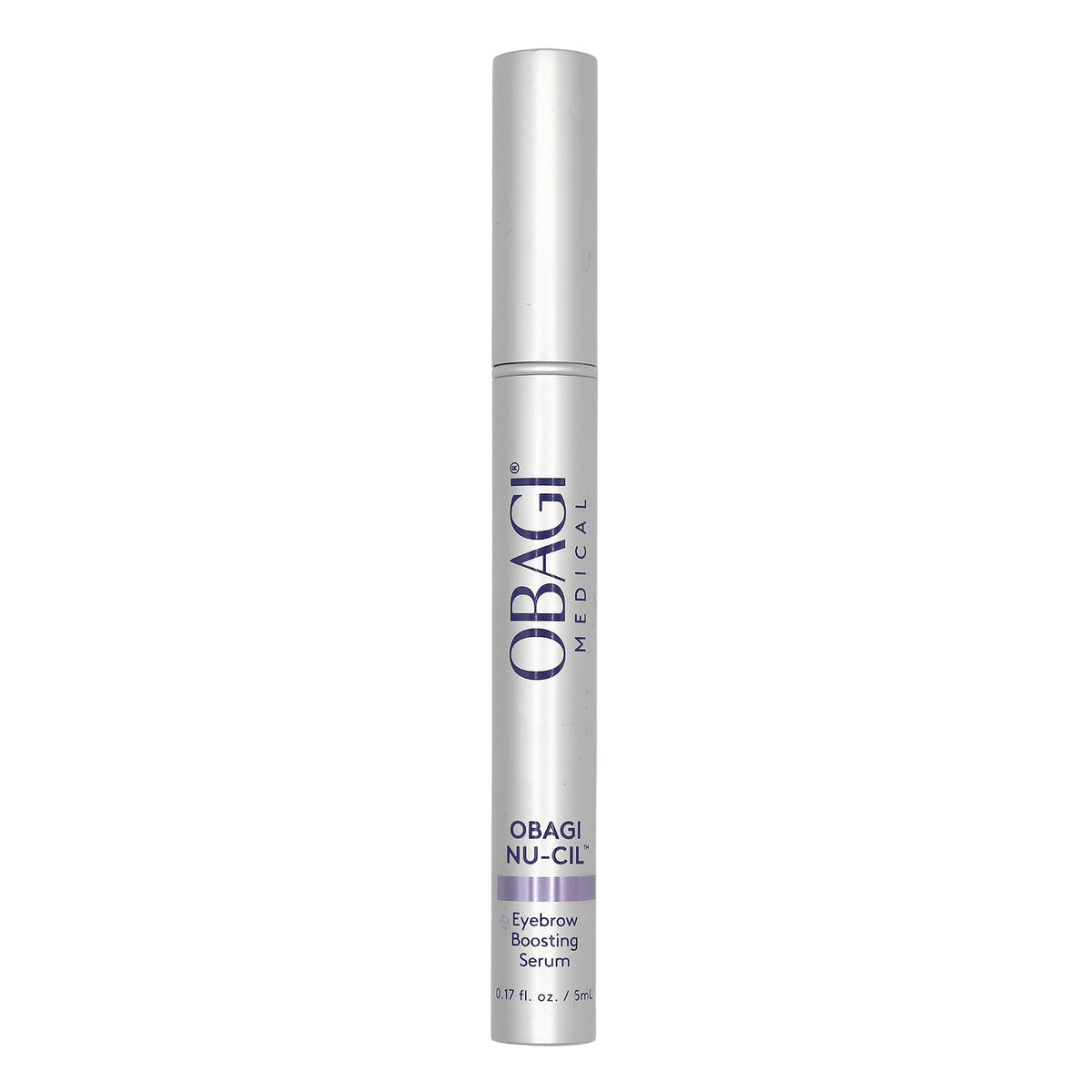 Obagi Nu-Cil brow serum bottle close-up highlighting nourishing formula for brows.