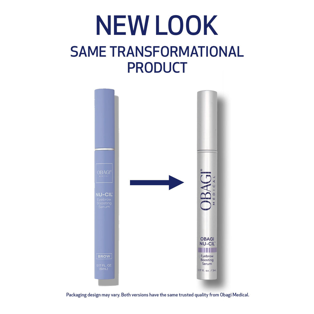 Obagi Nu-Cil brow serum packaging box signaling clinical-grade nourishment.