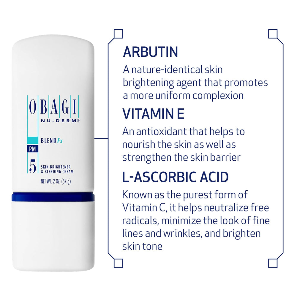 Obagi Nu-Derm Blend Fx product close-up highlights vitamin C and E nutrients