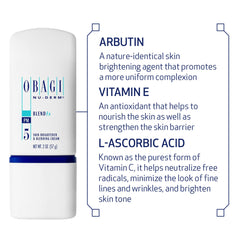 Obagi Nu-Derm Blend Fx product close-up highlights vitamin C and E nutrients