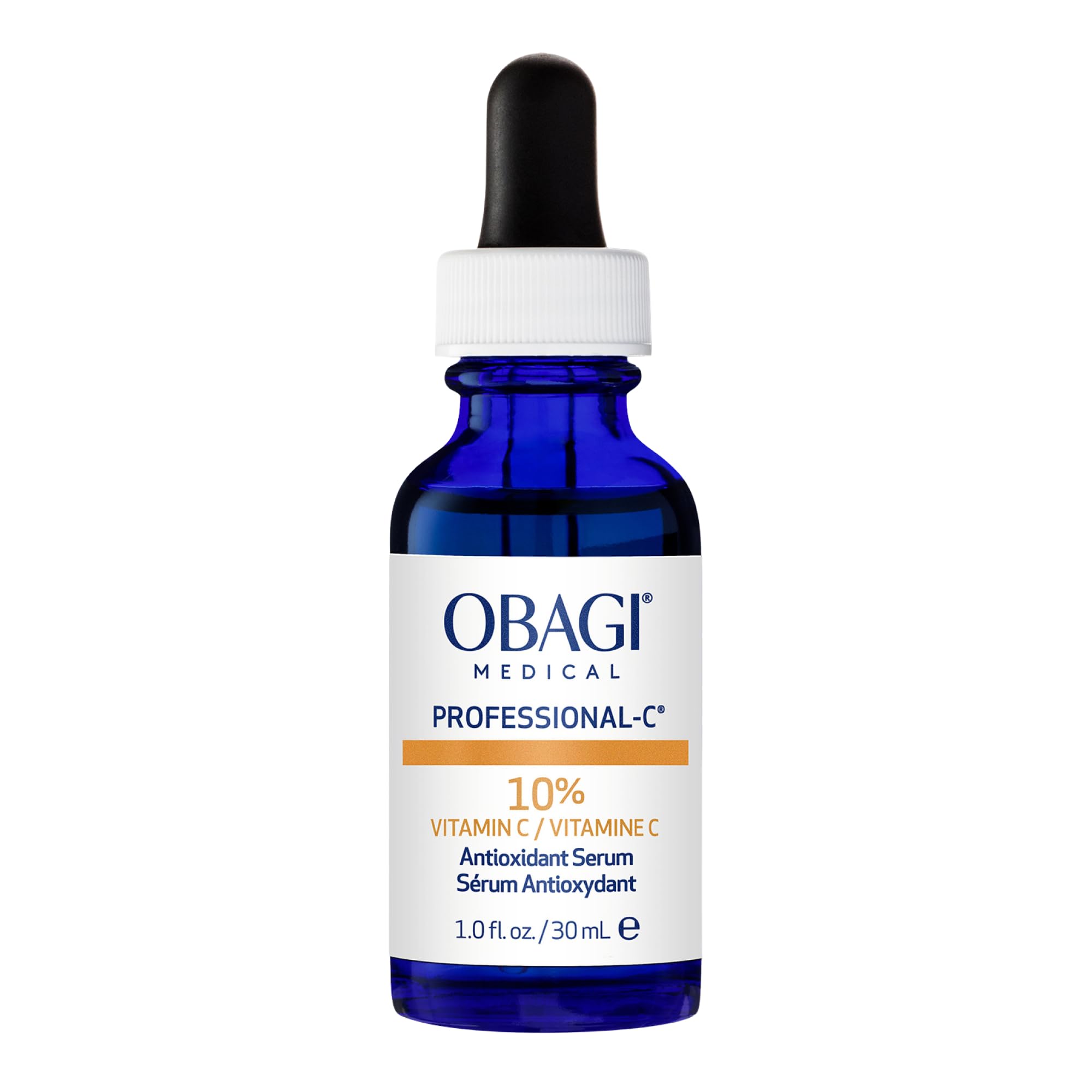Obagi Professional-C 10% Serum bottle on a bathroom shelf for daily brightening.