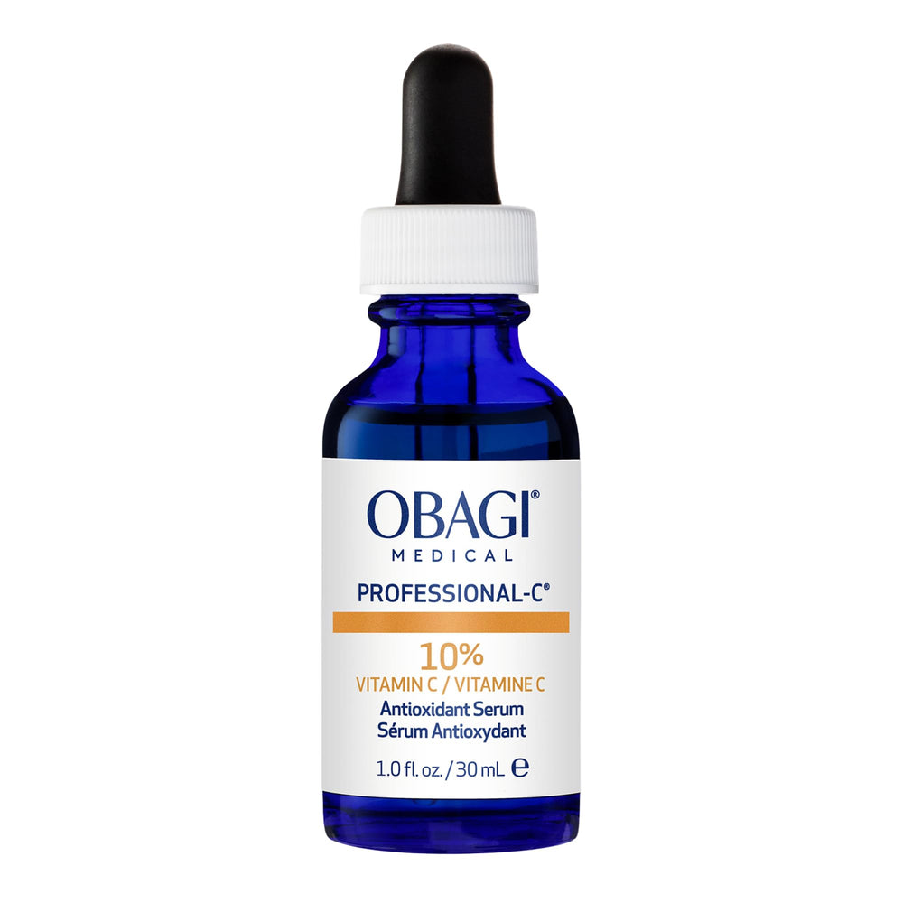 Obagi Professional-C 10% Serum bottle on a bathroom shelf for daily brightening.