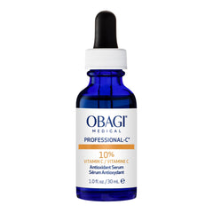 Obagi Professional-C 10% Serum bottle on a bathroom shelf for daily brightening.
