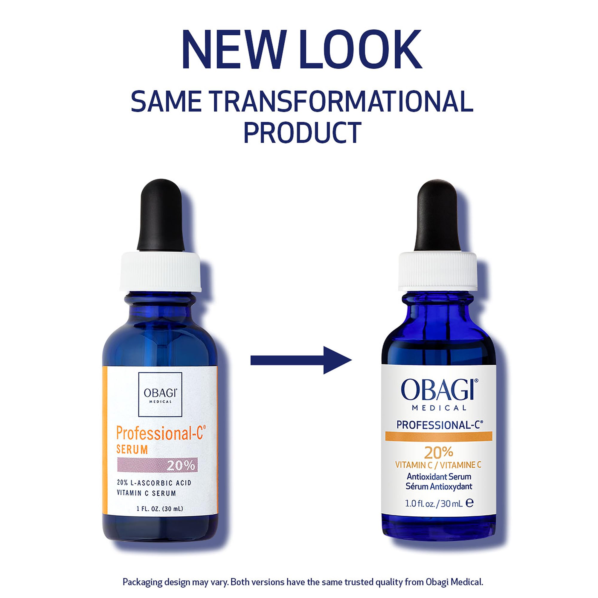 Obagi Professional C Serum 20% bottle close-up emphasizes high-potency vitamin C delivery.