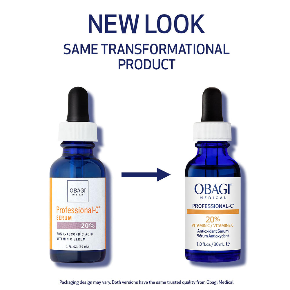 Obagi Professional C Serum 20% bottle close-up emphasizes high-potency vitamin C delivery.