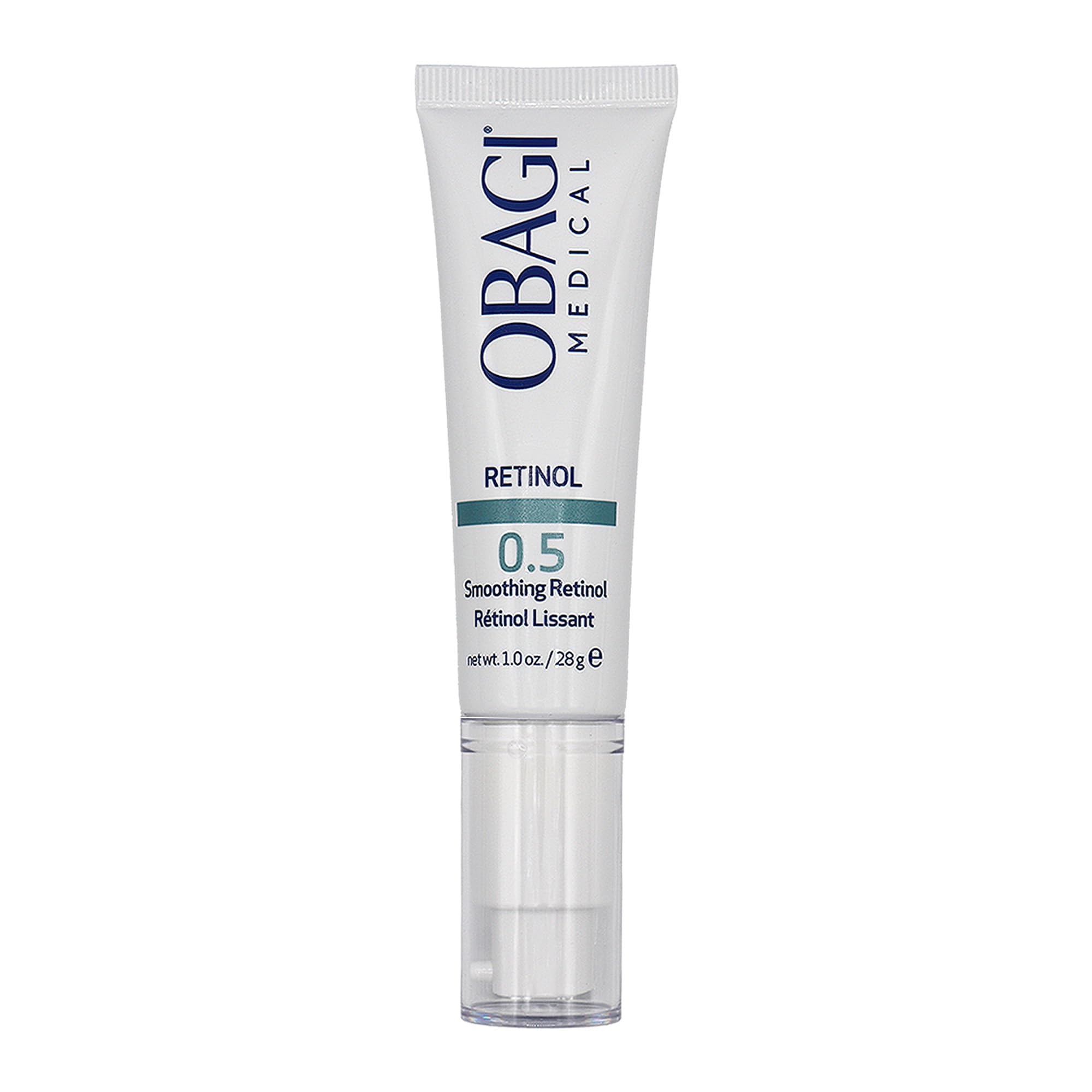 Obagi Medical Retinol 0.5 cream bottle demonstrates gentle delivery to minimize irritation and smooth texture.
