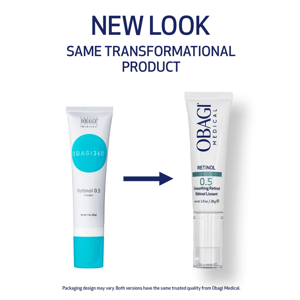 Obagi Retinol 0.5 cream jar closeup highlights creamy texture and balanced skin tone.