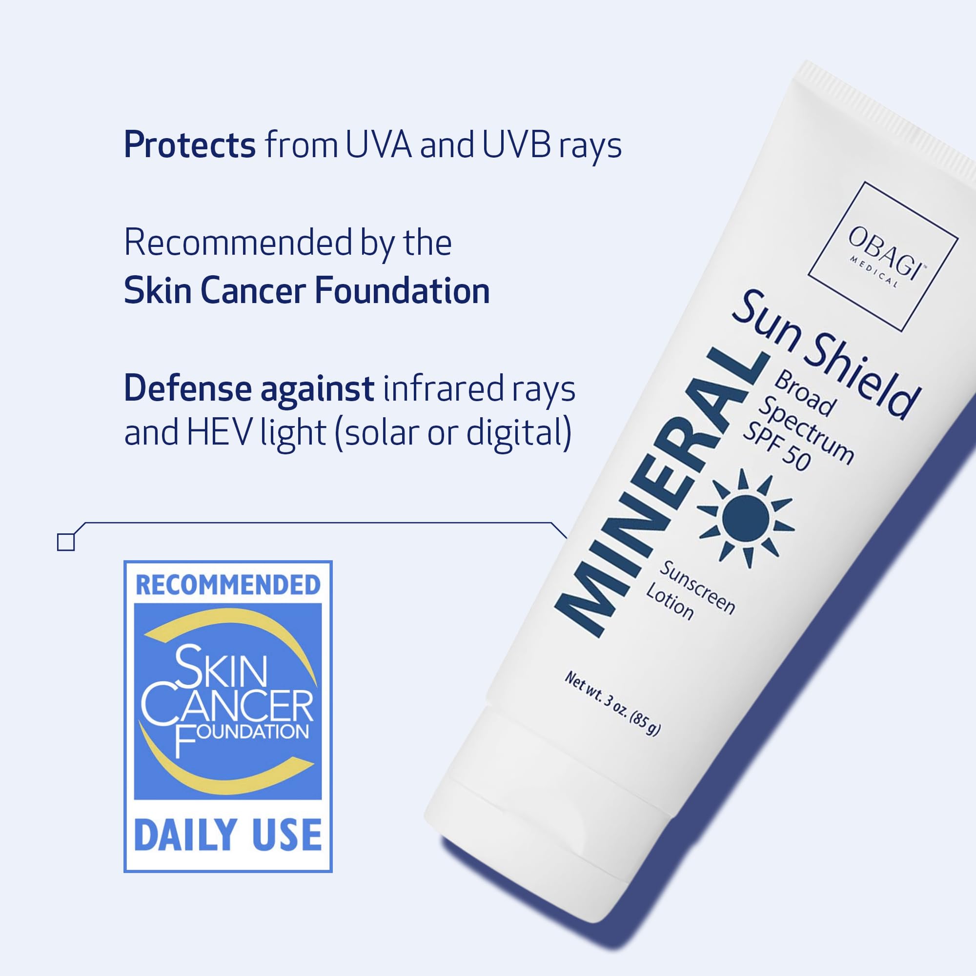 Obagi Sun Shield label close-up highlighting zinc oxide content for broad spectrum protection.
