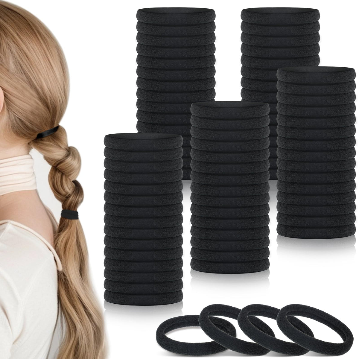 Obeoby 100 elásticos para cabello negros, ideales para uso diario