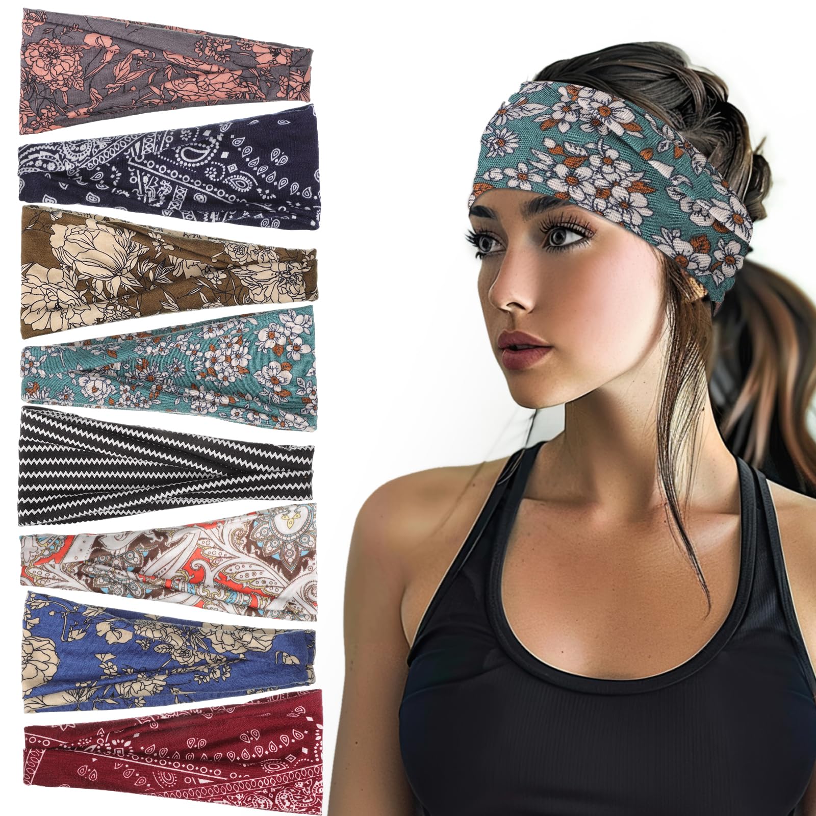 obeoby boho headbands eight-pack front view with colorful knotted prints for versatile styling
