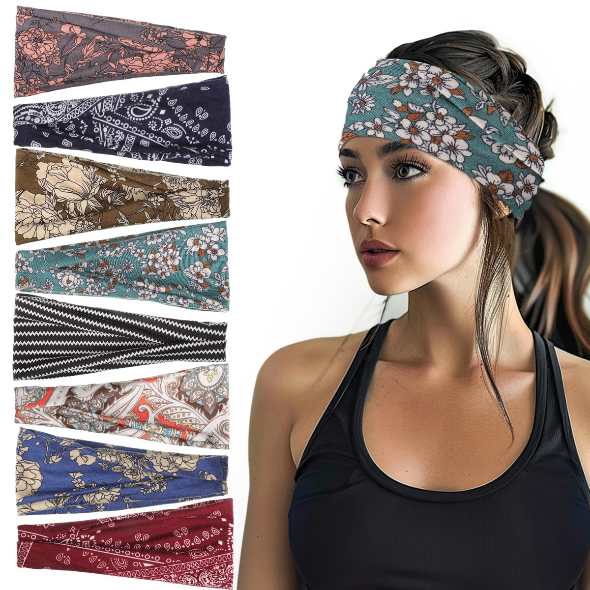 obeoby boho headbands eight-pack front view with colorful knotted prints for versatile styling