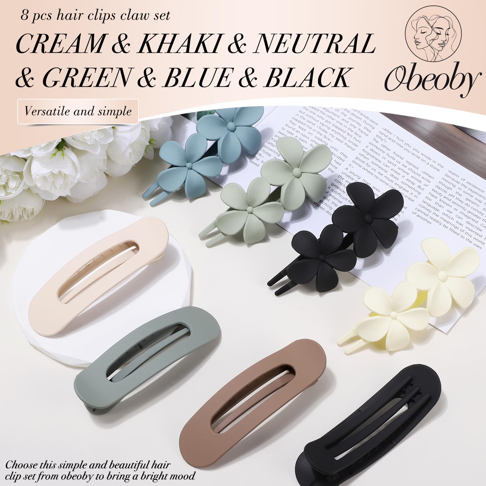 Dos estilos obeoby: clip plano y garra floral para cabello medio.