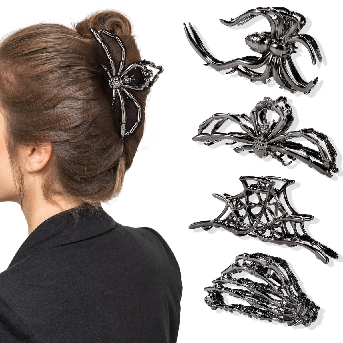 Obeoby spider web skeleton decor clip secures thick hair with gothic flair.