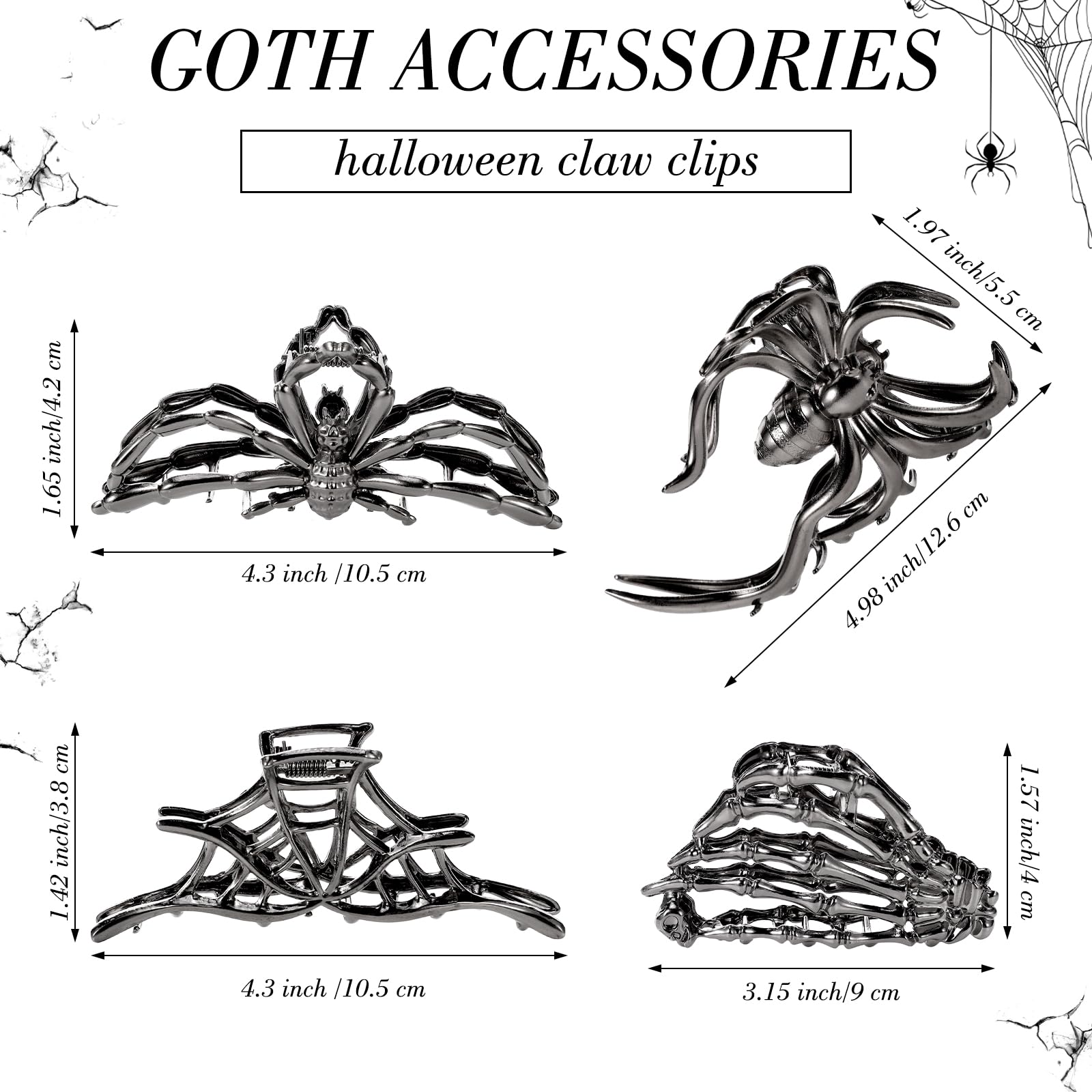 Obeoby spider web skeleton decor clip offers strong grip for long hair.
