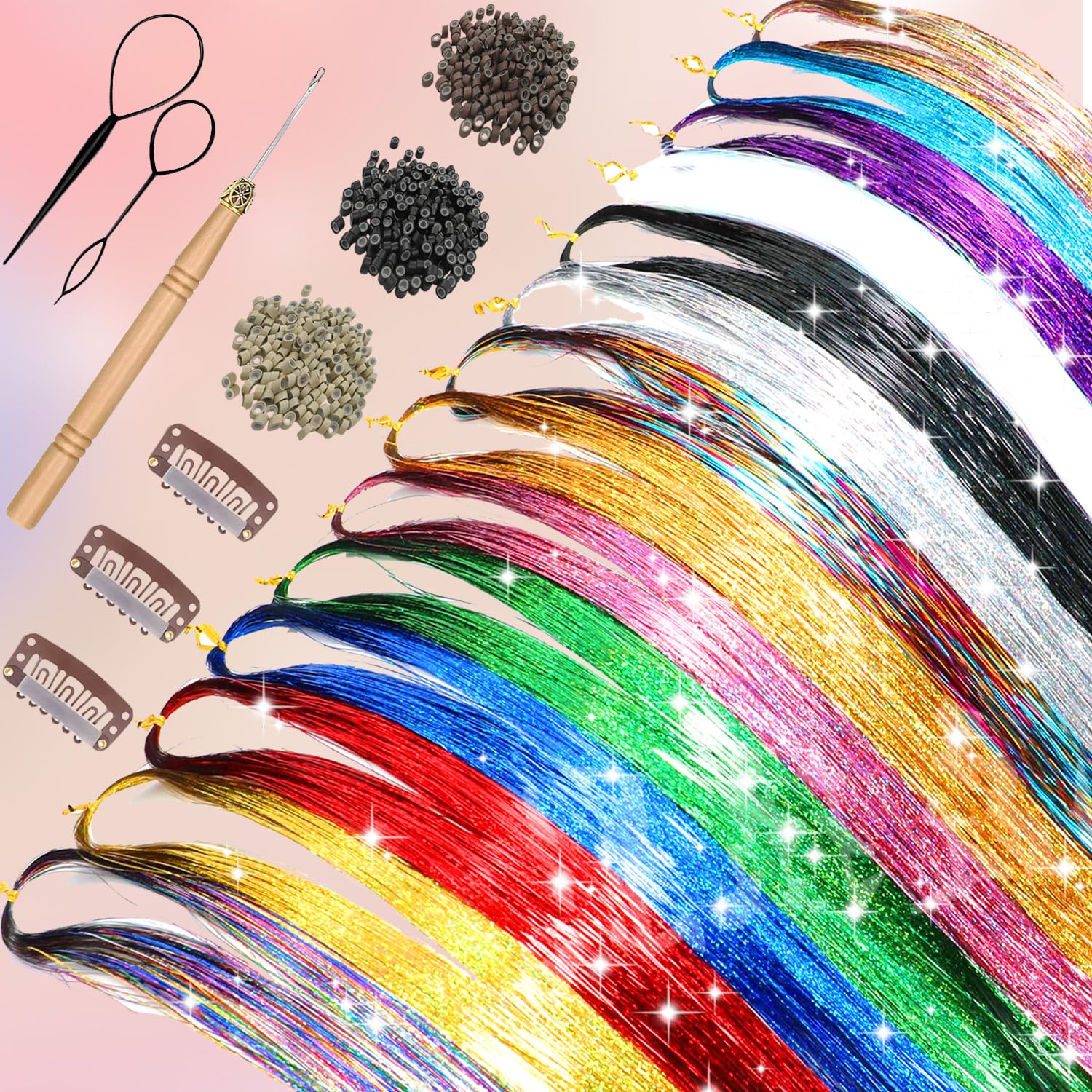 Durable soft polyester tinsel resists fading for repeated wear.