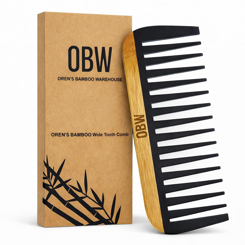 OBW Bamboo & Bakelite wide-tooth comb closeup showing smooth teeth for gentle detangling.