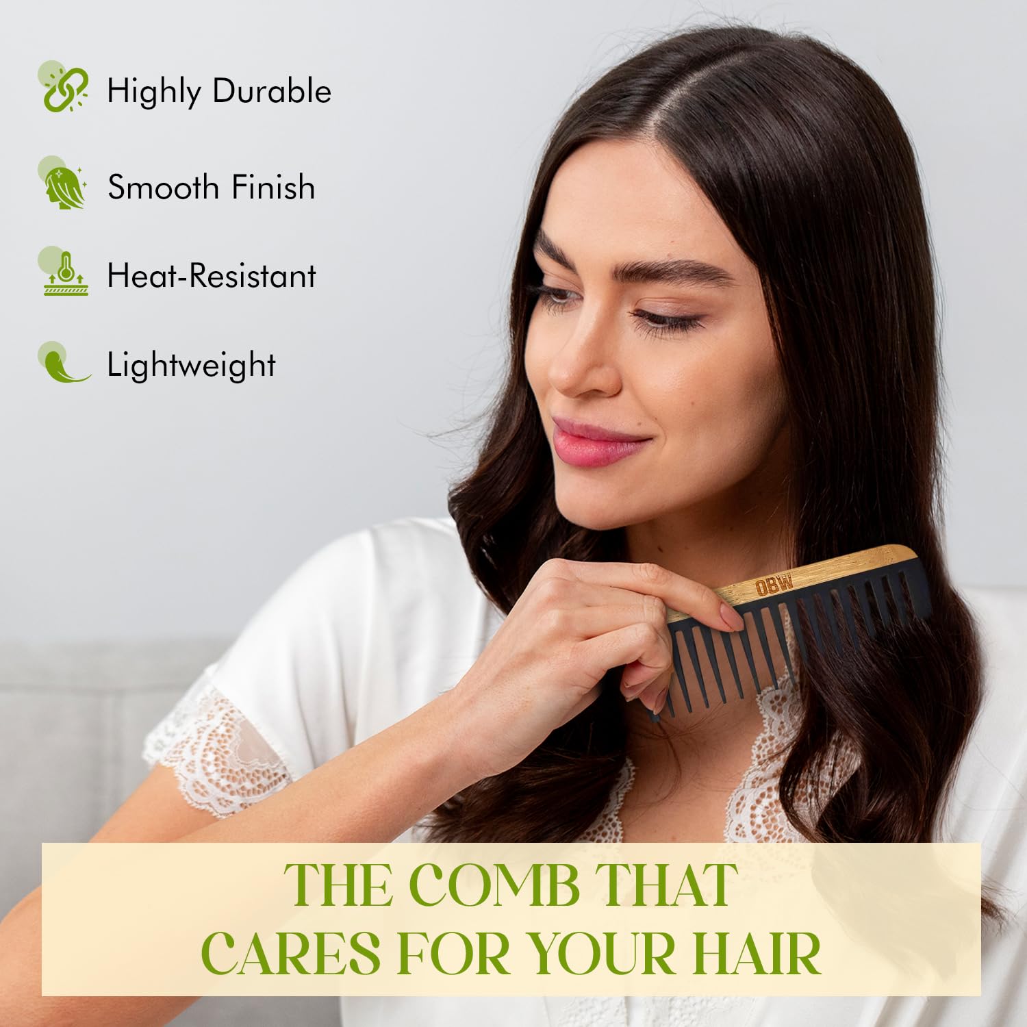 OBW compact travel comb in hand, ideal for on-the-go grooming.