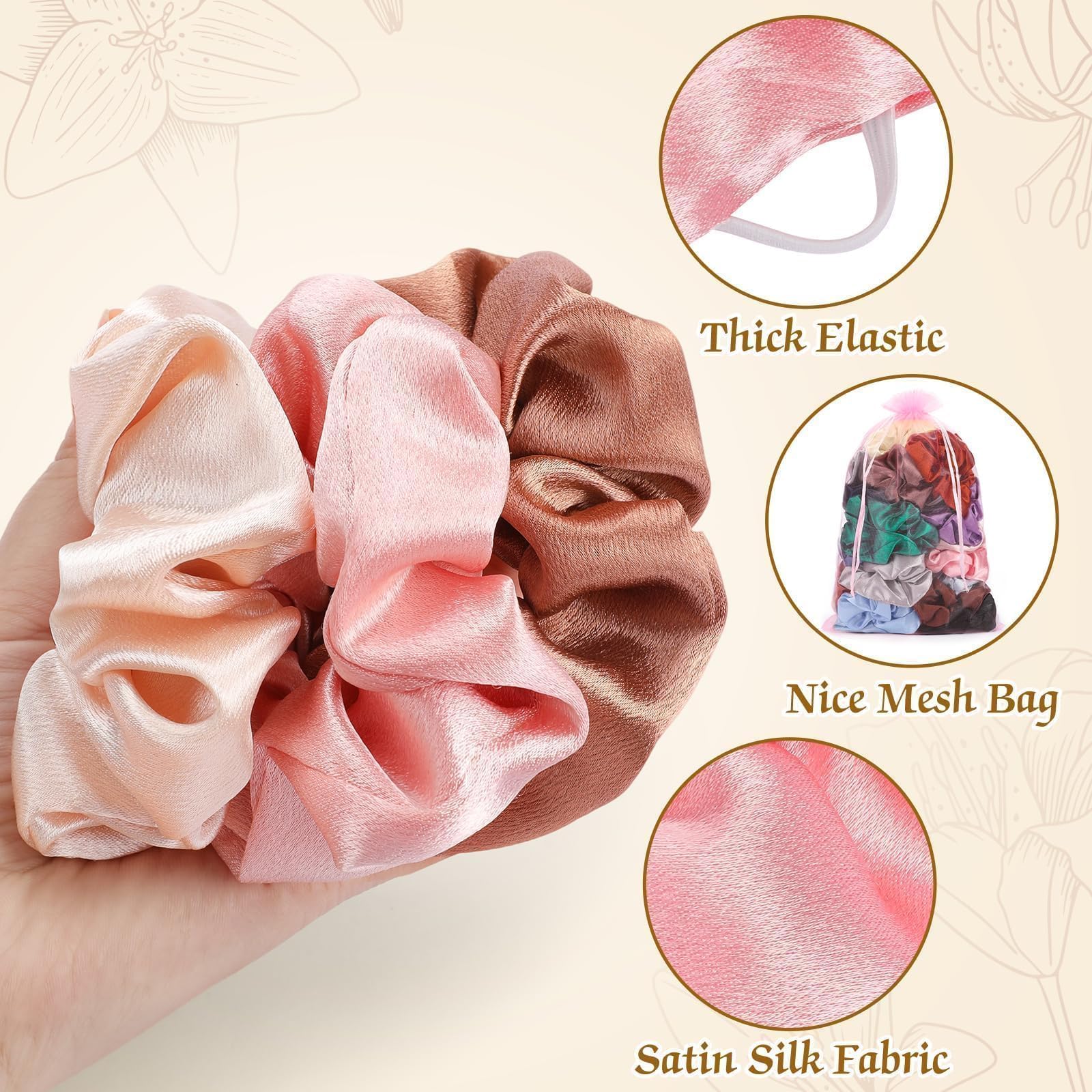 OCATO multi-color satin scrunchies for various hairstyles.