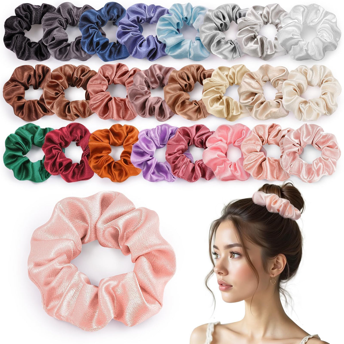 OCATO silk satin scrunchies in color display for everyday outfits.