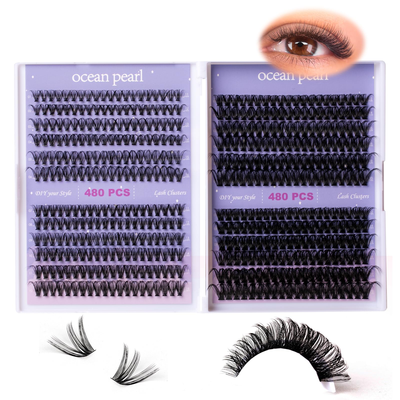 Ocean Pearl lash clusters in 30D/40D/80D/100D for varied volume.
