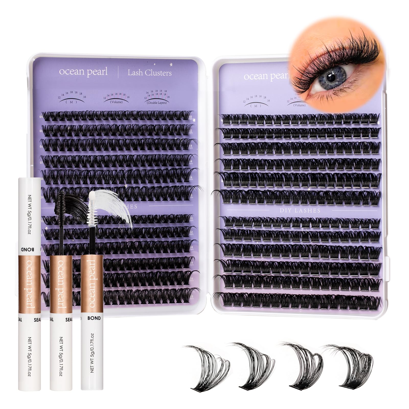 Ocean Pearl Lash Clusters Kit labeled contents highlight lashes, bond, seal, and tweezers.