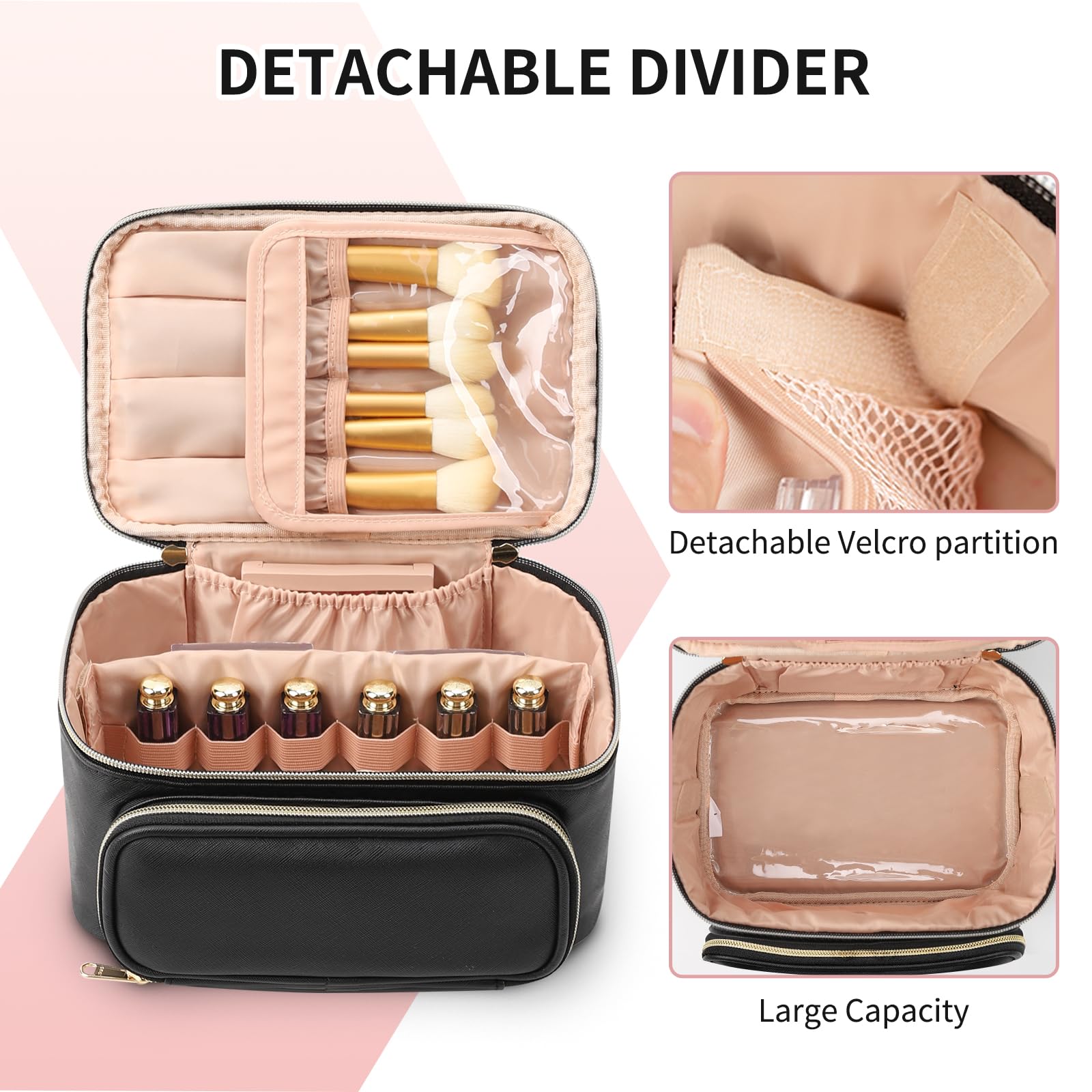 OCHEAL makeup bag with leather top handle for easy carrying