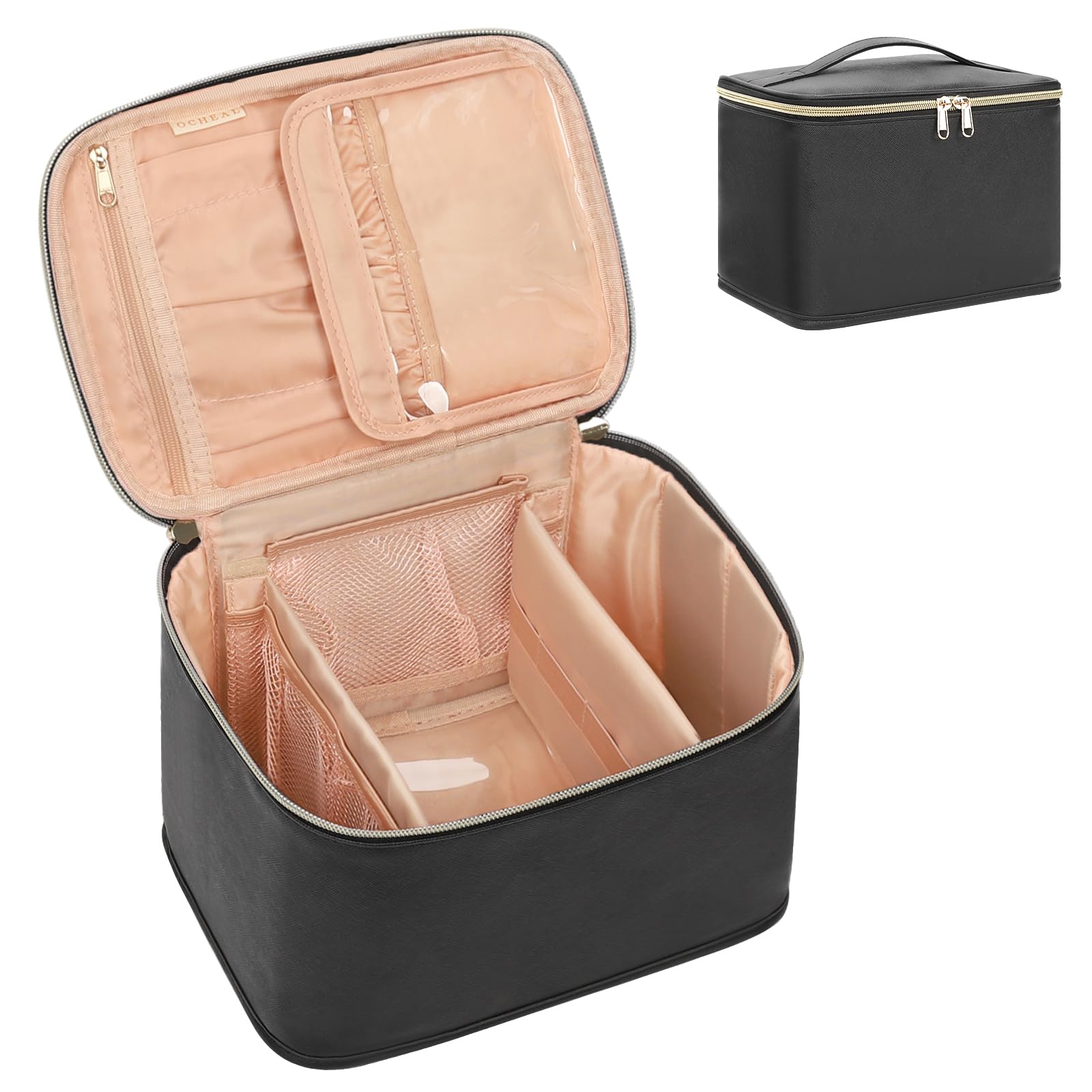 OCHEAL travel makeup bag main compartment keeps cosmetics organized on trips.