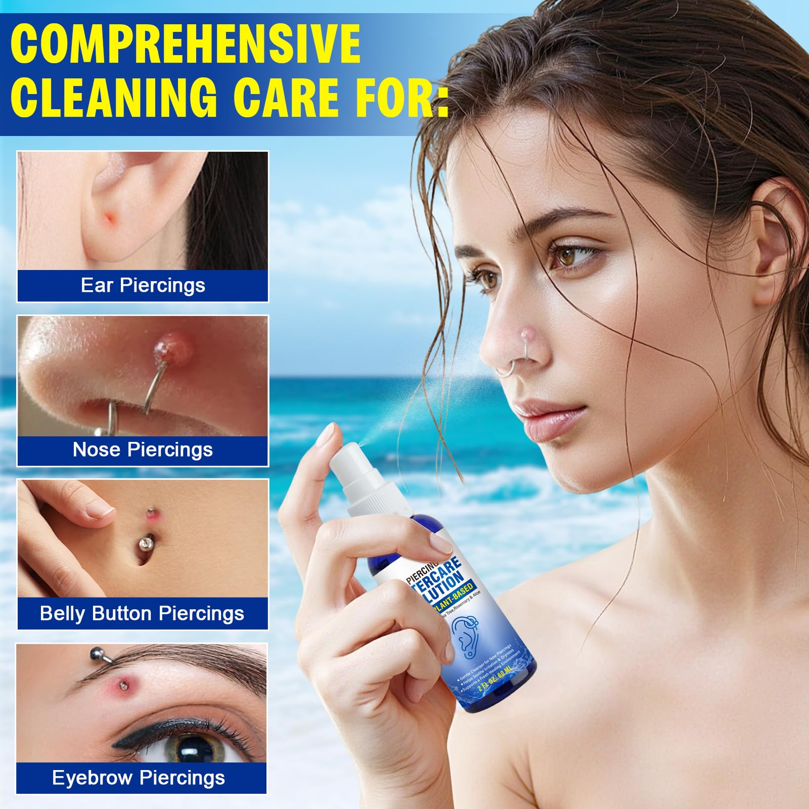 Ocnisdns saline mist application shows quick, hygienic cleansing for piercings.