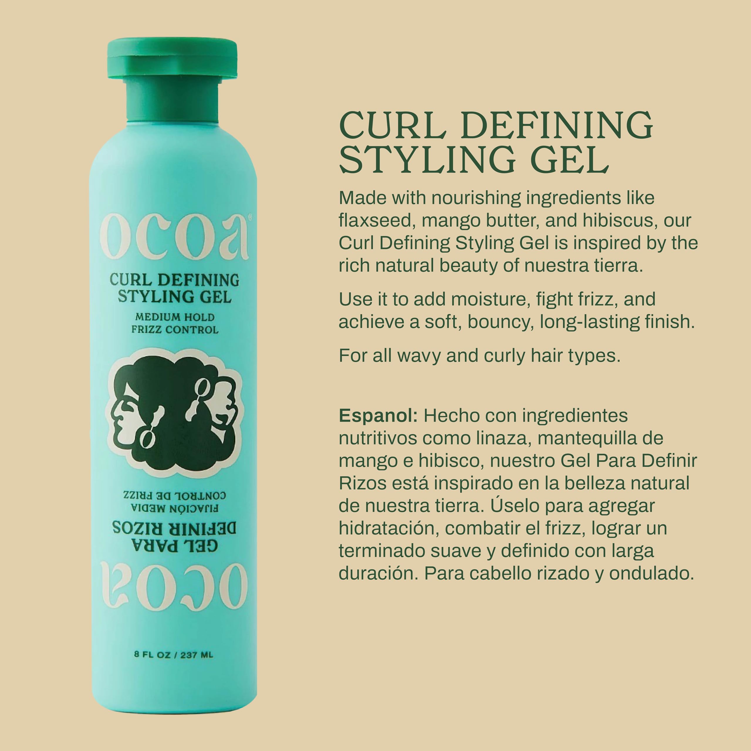 OCOA Gel Definidor de Rizos con hibisco para definición suave y flexibilidad.