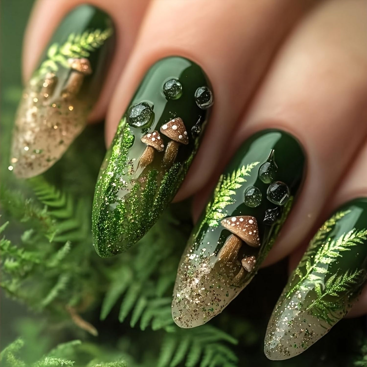 Uñas postizas OCOUYVD brillo verde media almendra para un look diario elegante