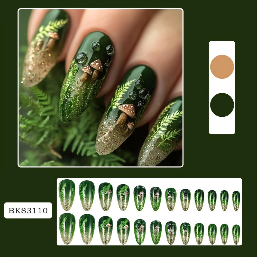 Uñas OCOUYVD con diseño setas y hojas en verde, perfecto para eventos