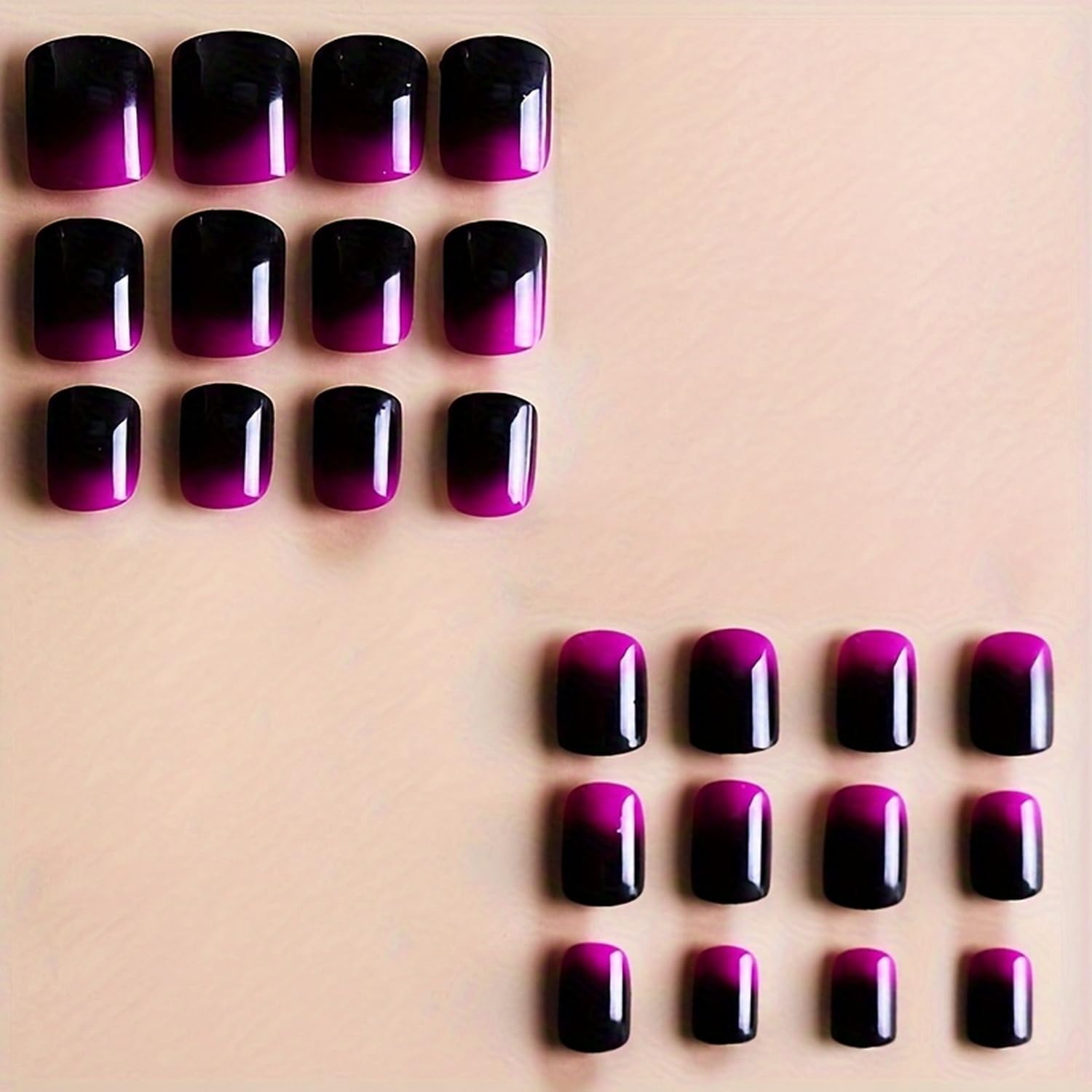 Uñas OCOUYVD con brillo y gradiente púrpura para evento nocturno.