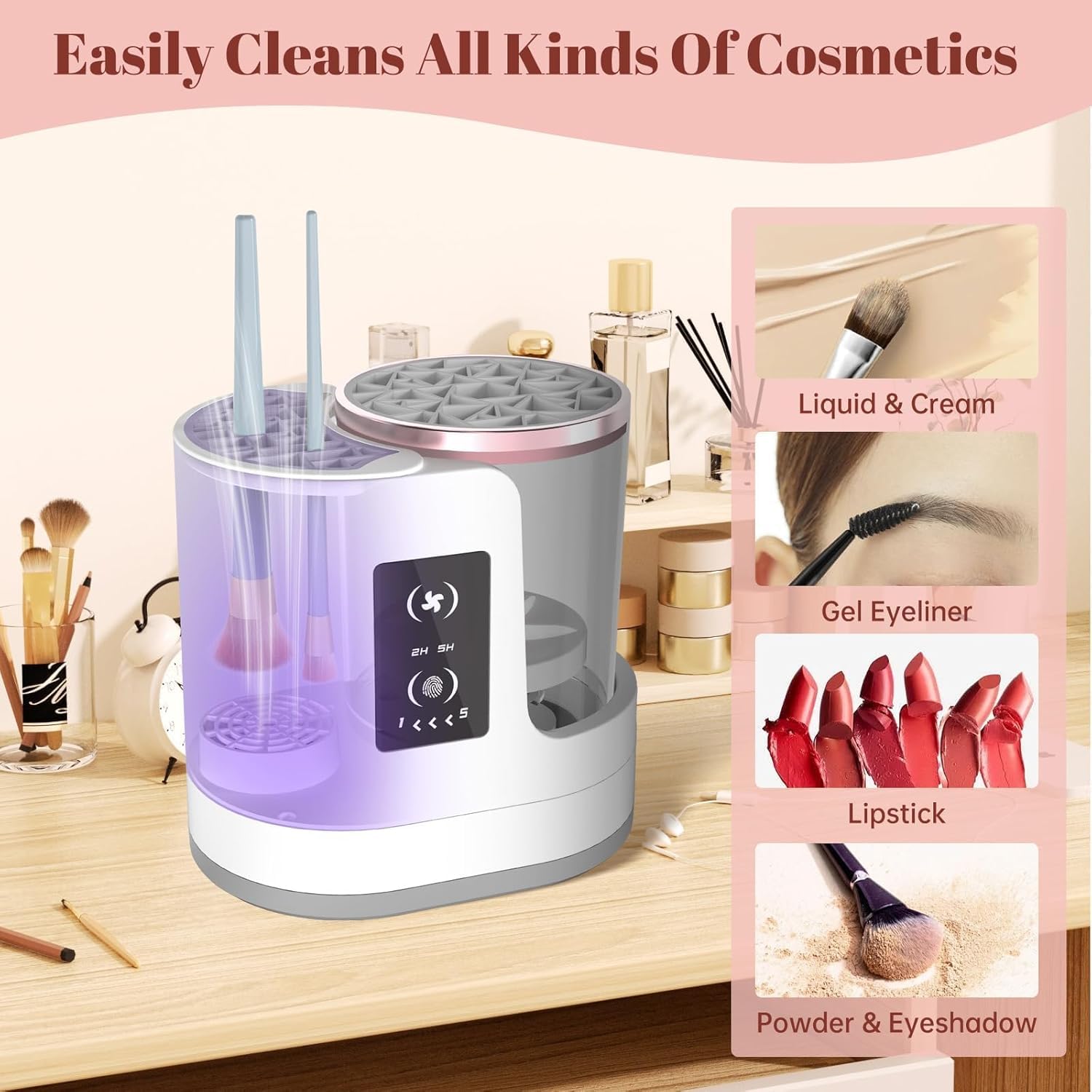 All-in-one OctHope system cleans and dries makeup brushes.