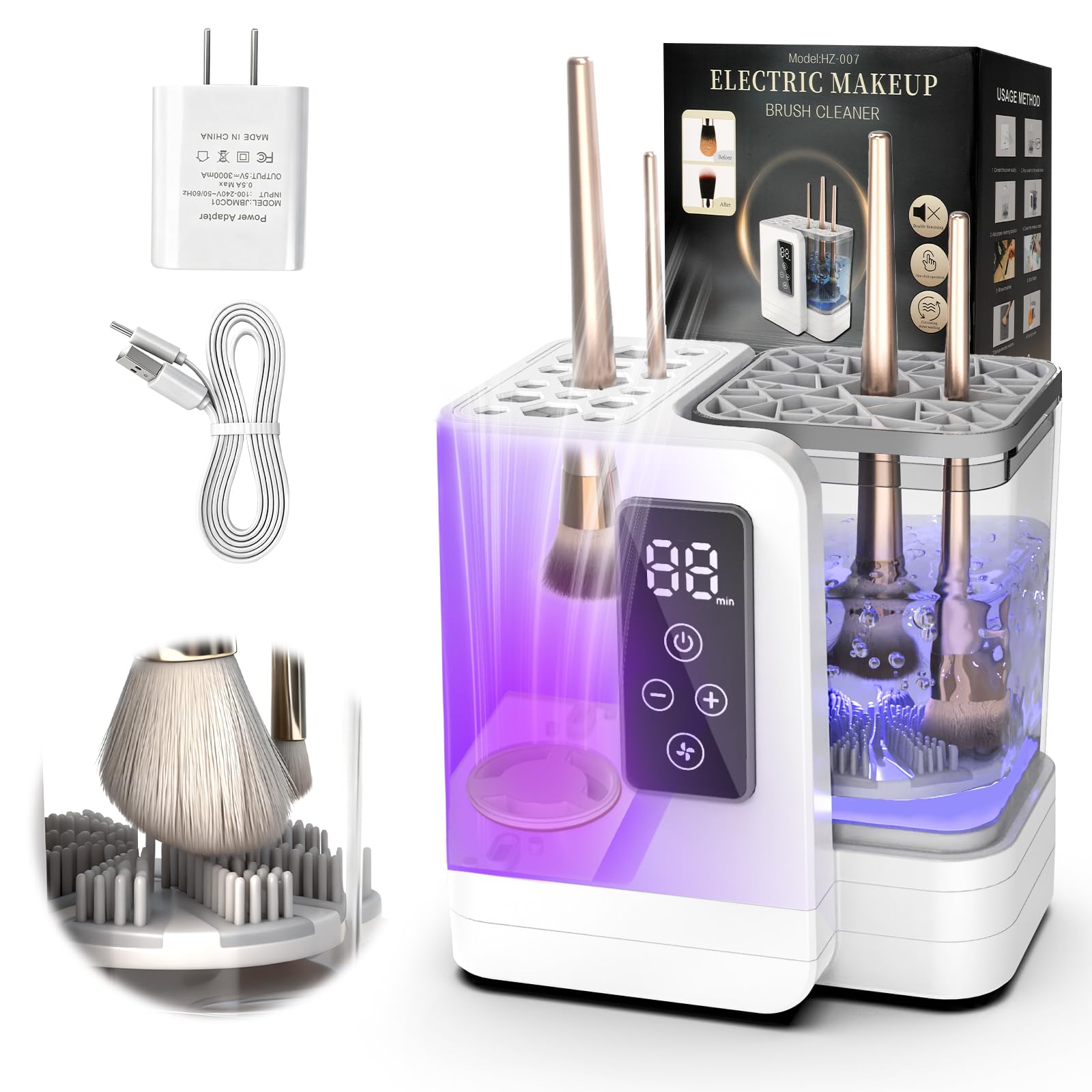 OctHope 5-in-1 brush cleaner with dryer, front view, ready to cleanse brushes