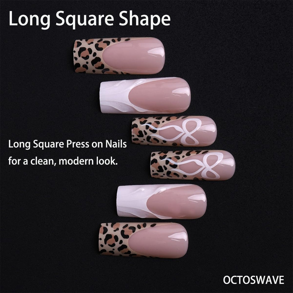 octoswave long square nails close-up showing glossy finish and jelly adhesive tabs.