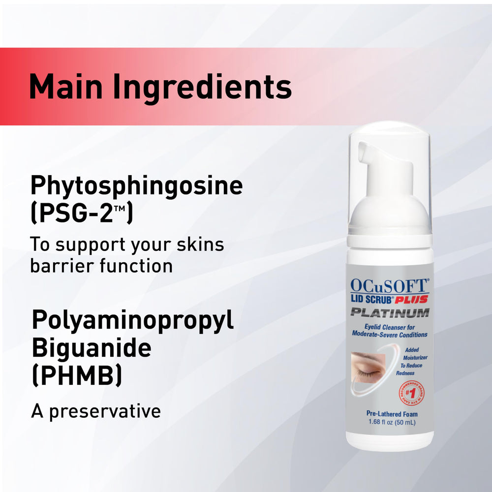 OCuSOFT Lid Scrub Plus Platinum, PSG-2 y hidratación diaria durante la limpieza.