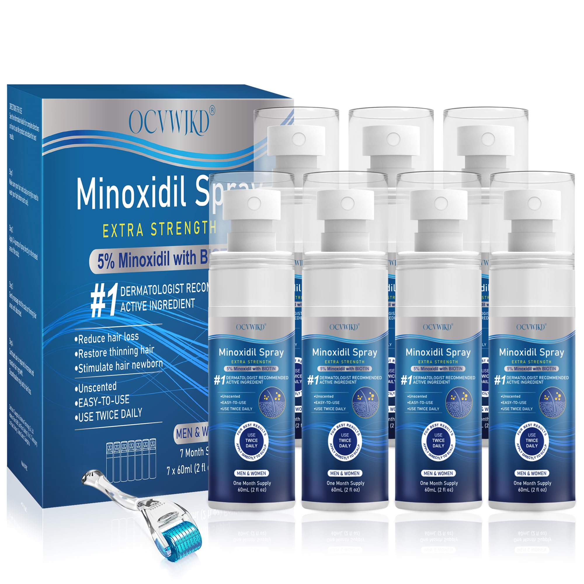 OCVWJKD 5% Minoxidil spray bottle close-up for scalp application and potential regrowth.
