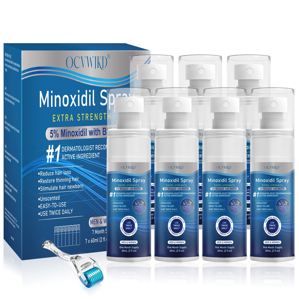 OCVWJKD 5% Minoxidil spray bottle close-up for scalp application and potential regrowth.