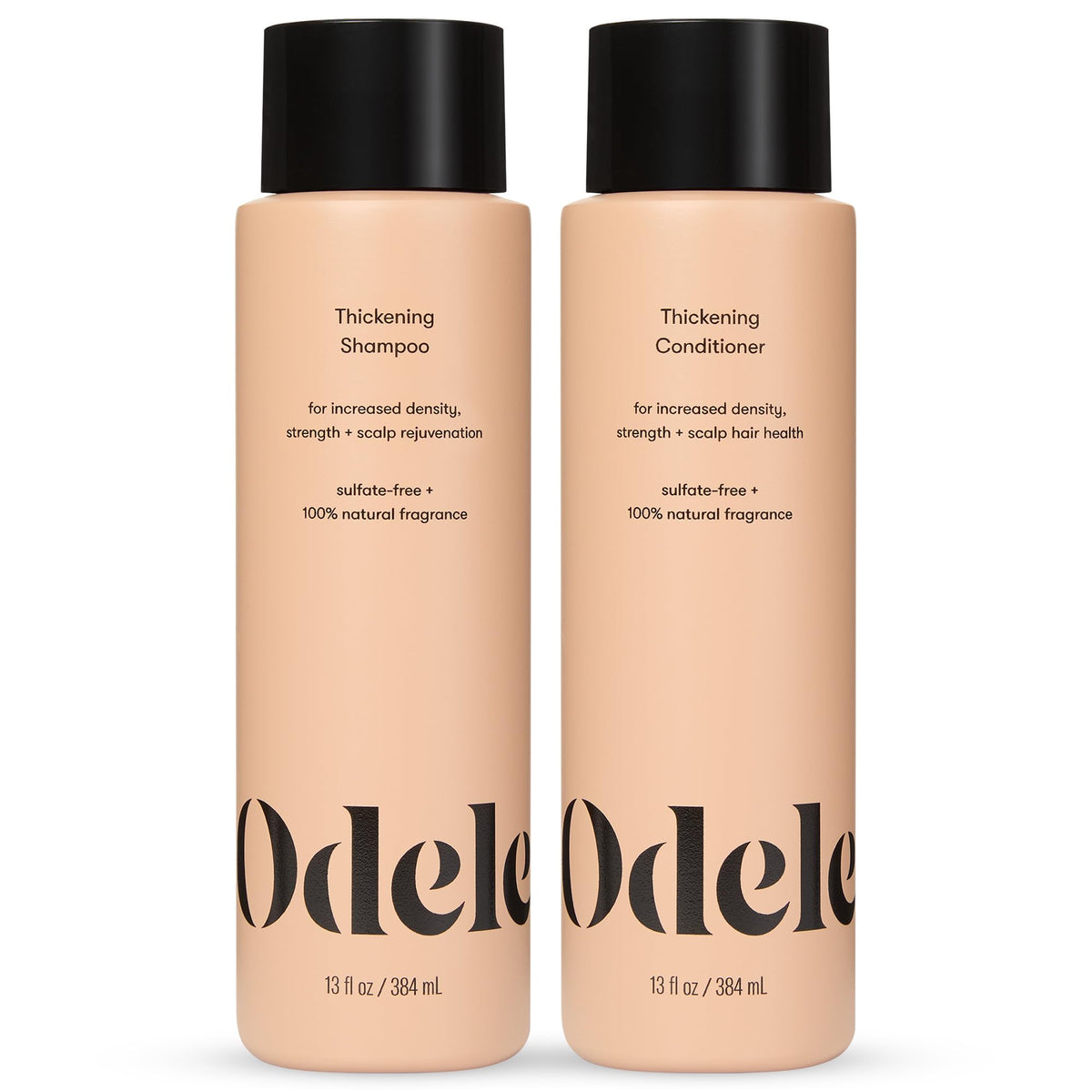 Odele Champú engrosador en envase, cabello con apariencia más denso.