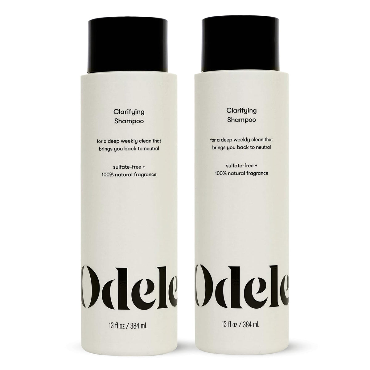 Odele Clarifying Shampoo bottle demonstrates a deep-clean action removing buildup