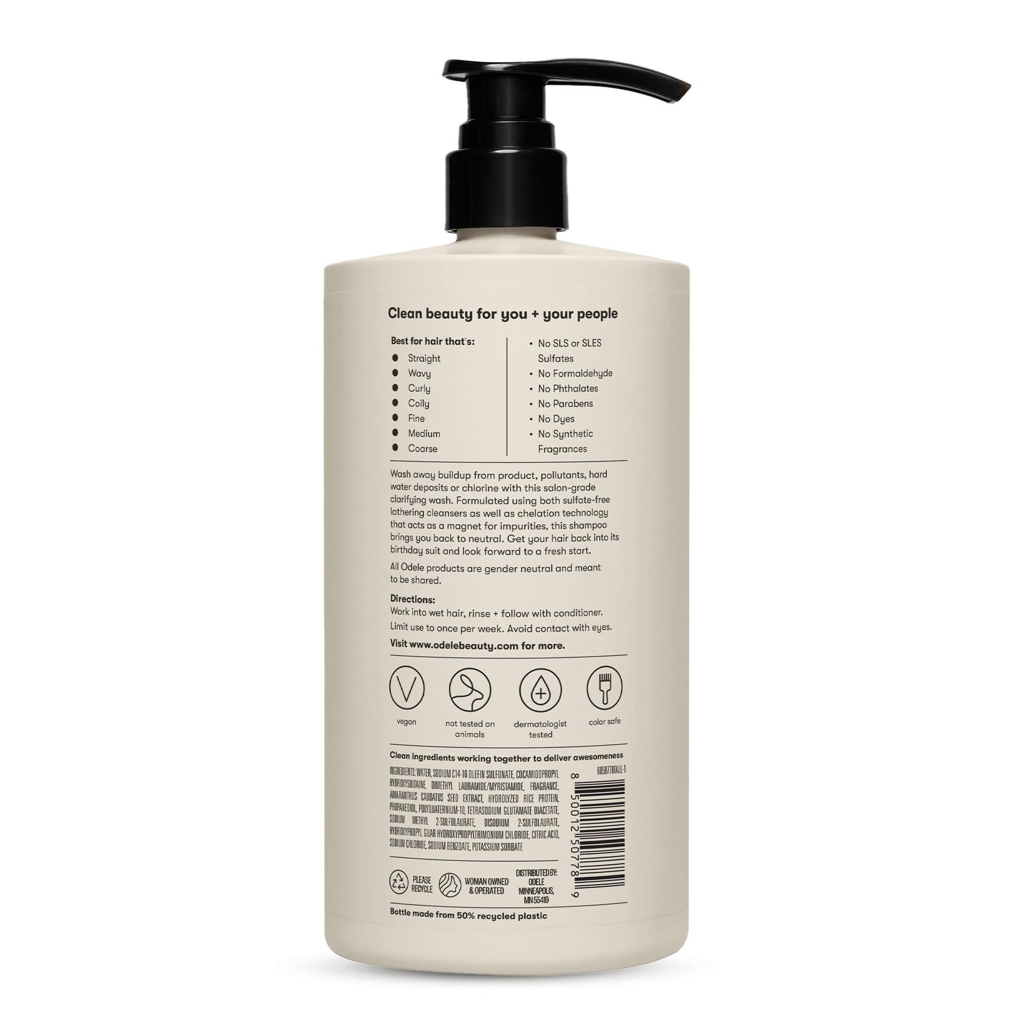 Odele Clarifying Shampoo on bathroom shelf under natural light