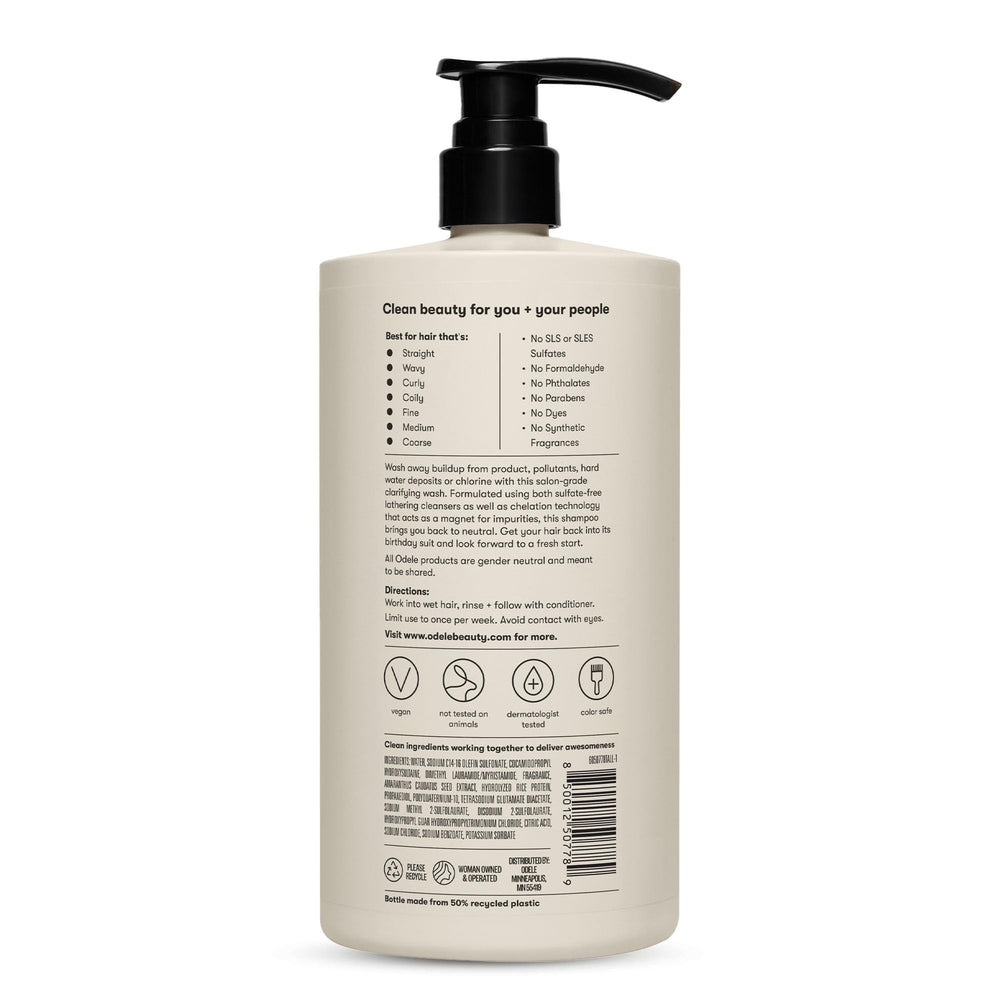 Odele Clarifying Shampoo on bathroom shelf under natural light
