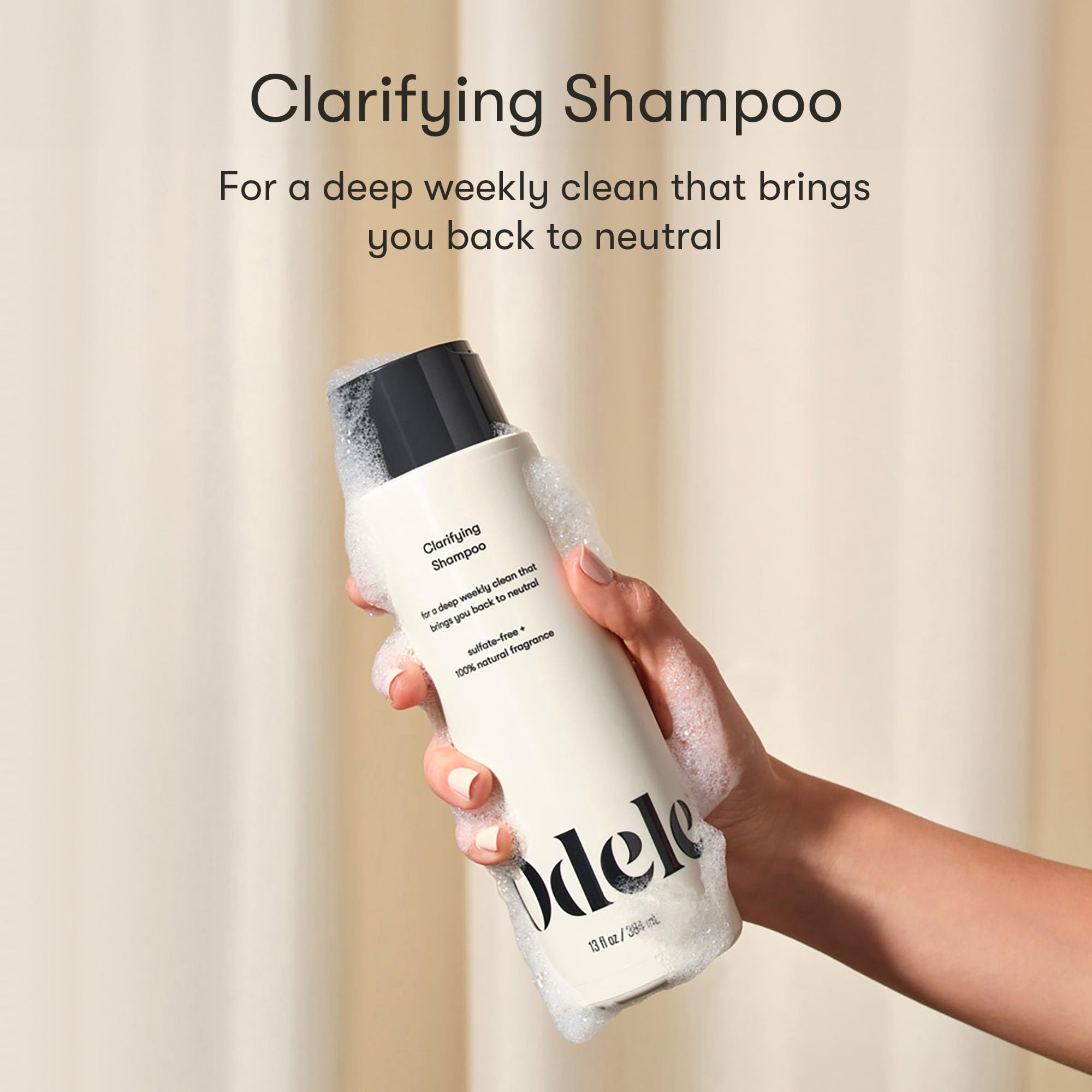 Odele Clarifying Shampoo with rich lather demonstrates weekly buildup removal