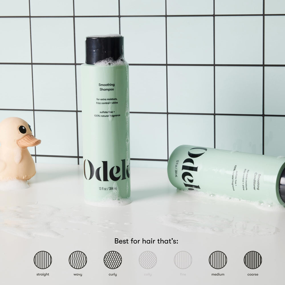 Odele smoothing shampoo and conditioner duo pack on vanity for an easy routine.