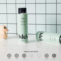 Odele smoothing shampoo and conditioner duo pack on vanity for an easy routine.