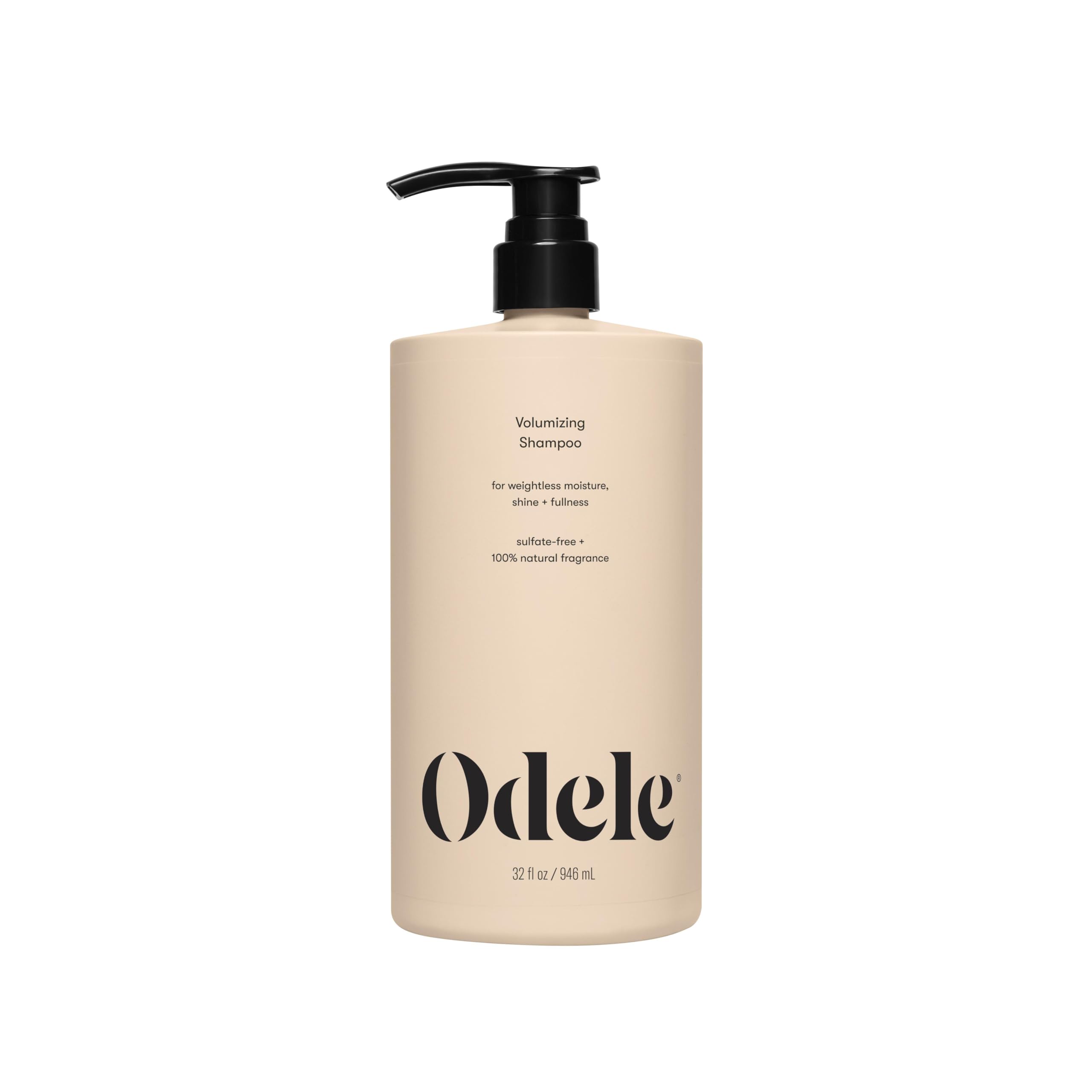 Odele Volumizing Shampoo bottle pour delivers lightweight moisture and radiant shine.