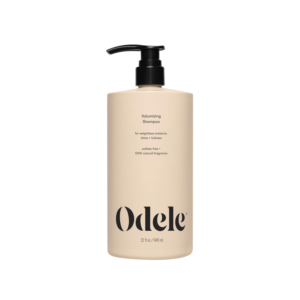 Odele Volumizing Shampoo bottle pour delivers lightweight moisture and radiant shine.